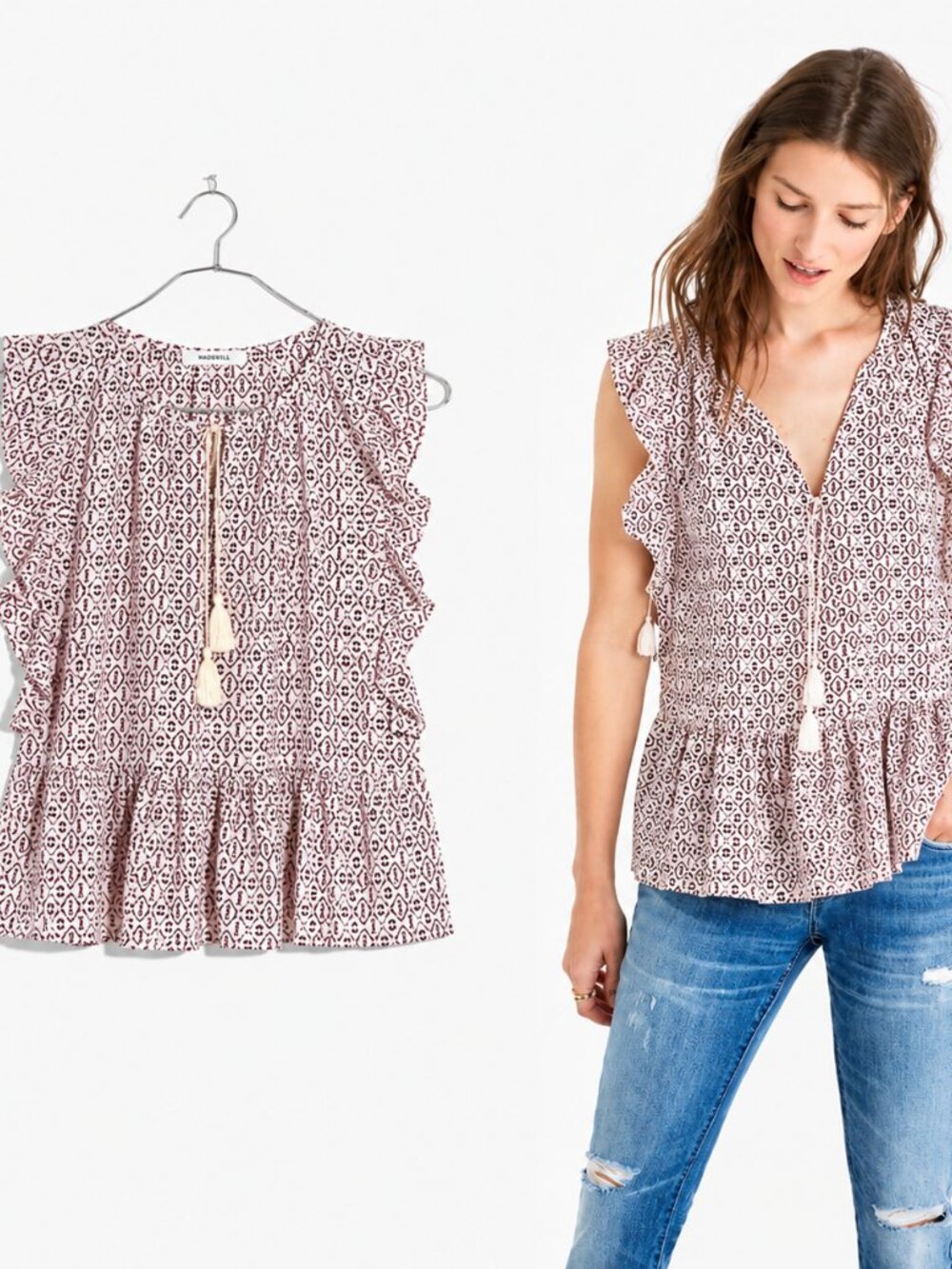 Madewell Ruffle Cap Sleeve Peplum Top Tassel Tie Print Boho Small
